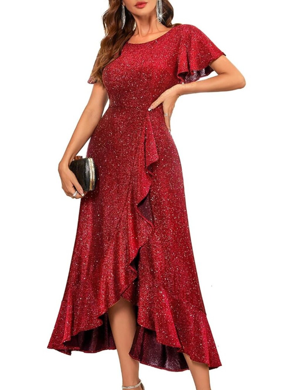 Women's Red Sequin Bride Wedding Stunning Evening Gowns Formal Events Dresses